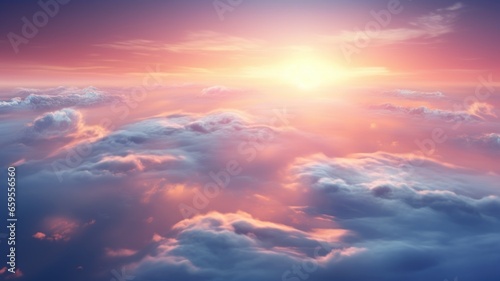 Beautiful sunset sky above clouds with breathtaking light. Generative AI image © Summit Art Creations
