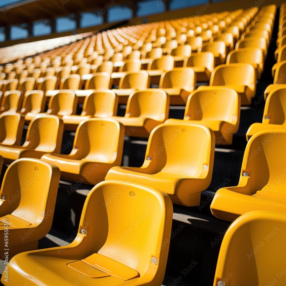 Obraz premium yellow tribunes. seats of tribune on sport stadium. empty outdoor arena