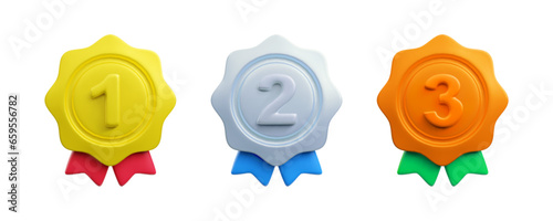 Vector cartoon 3d medal with numbers realistic icons set. Trendy metallic award render certificate badge