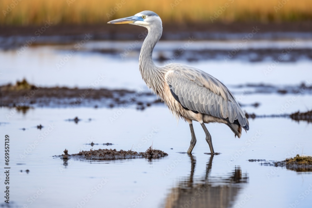 Fototapeta premium a heron standing motionless in shallow water