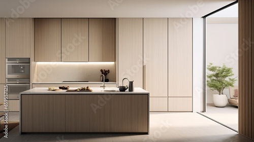 A minimalist kitchen with a concealed pantry and an effortlessly streamlined design.