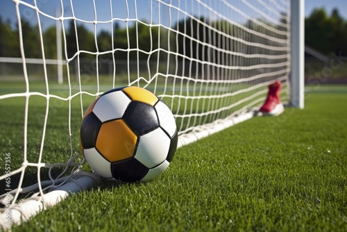 a close-up of a soccer ball and cleats at the goal line © altitudevisual