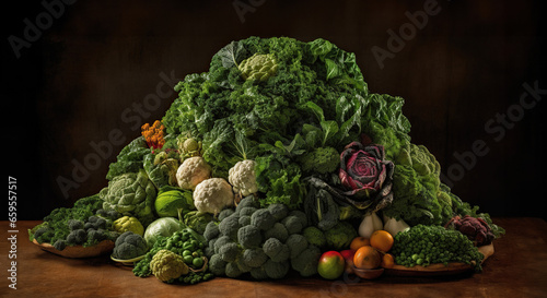 A heap of fresh different kinds of broccoli, cauliflower, brussels sprouts on a wooden table. Healthy plant based diet. Balanced nutrition, organic vegetarian healthy food, vitamins and micronutrients
