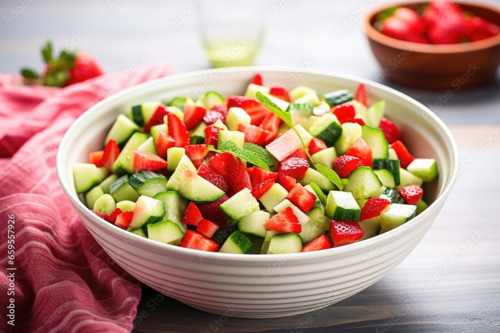 a bowl of fresh strawberry and cucumber salad