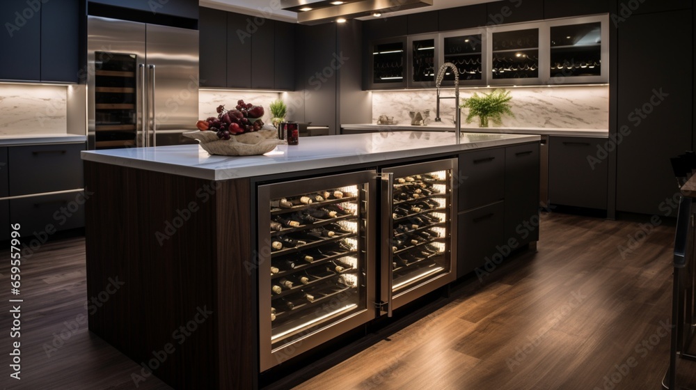 A chic kitchen with a built-in wine cooler and sophisticated under-cabinet lighting.