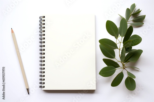 Generative AI illustration of Notebook with blank page with pencil and flowers