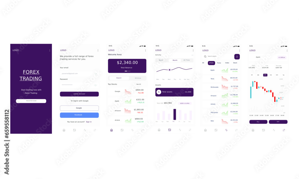Trading in Forex and Trade Stock Market Mobile App Ui Kit Purple Template Trading in Forex and Trade Stock Market Mobile App Ui Kit Purple Template
