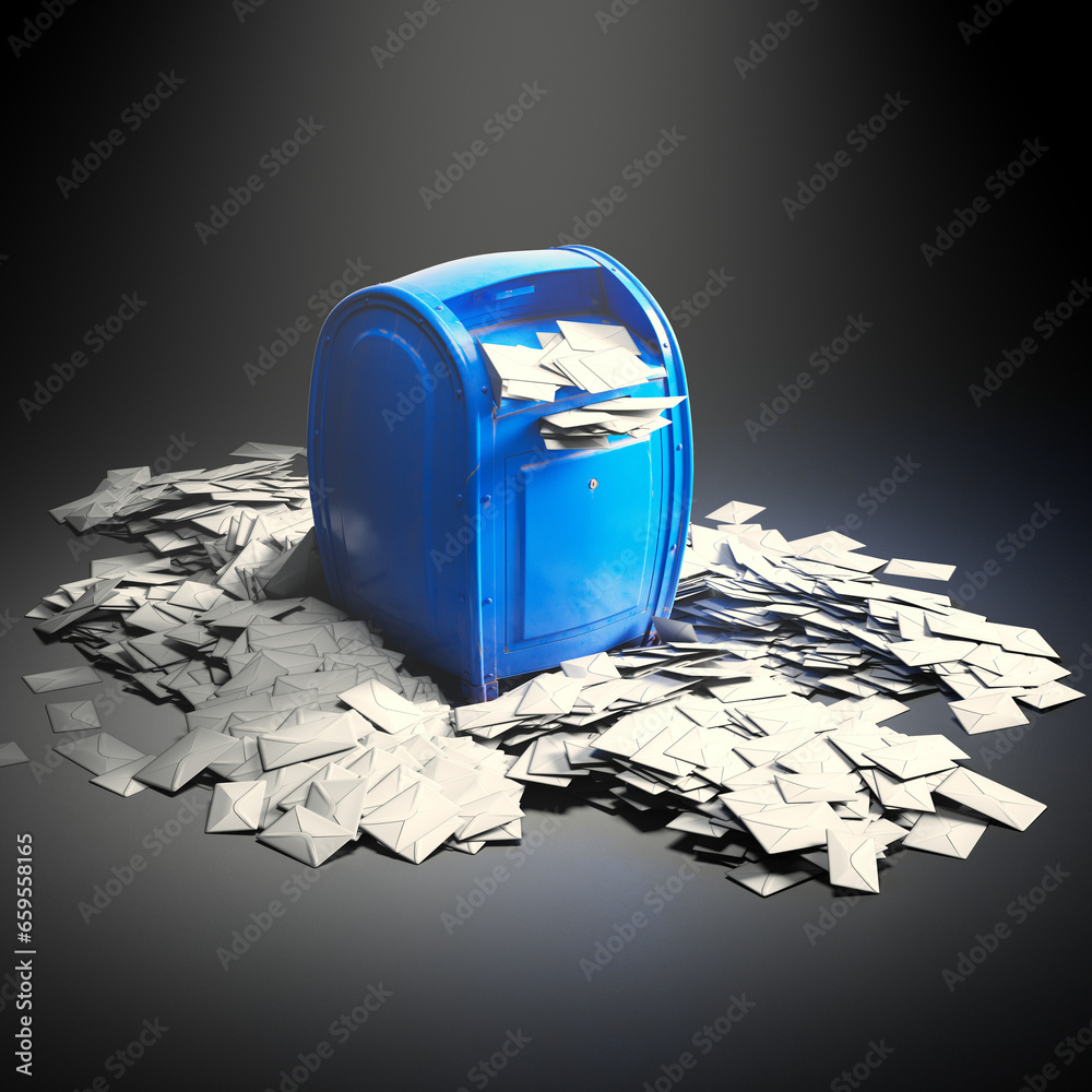 Huge overflow of mail envelopes stacked in a messy pile around a blue mailbox.