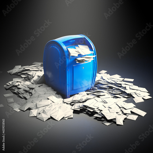 Obraz na płótnie Huge overflow of mail envelopes stacked in a messy pile around a blue mailbox. w salonie