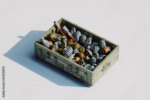 A military box filled with an assortment of fragmentation, smoke, stun grenades photo