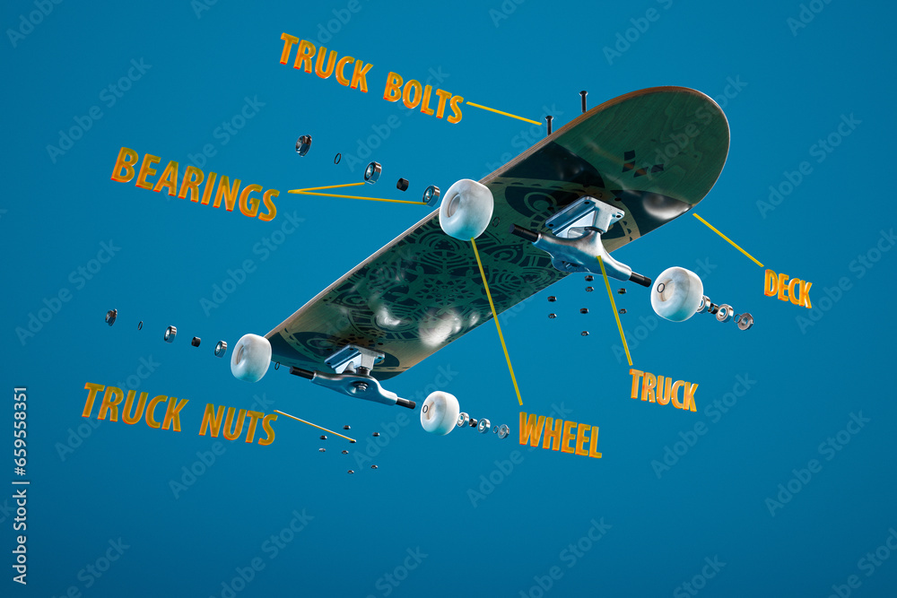 Disassembled skateboard elements floating in air demonstrating parts with names.