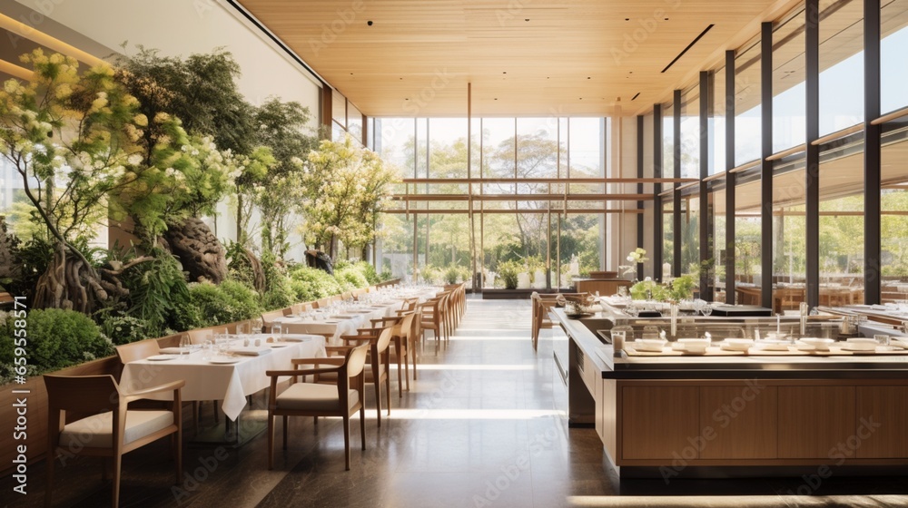 A modern culinary space surrounded by floor-to-ceiling windows, overlooking lush gardens.