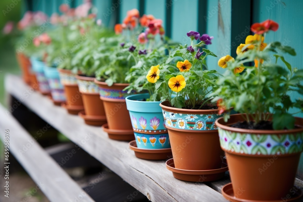 increasing row of flowerpots with matching flowers