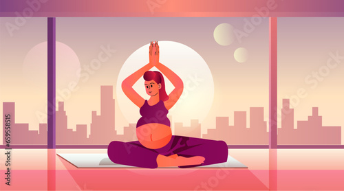 pregnant woman sitting lotus pose future mom doing physical exercises pregnancy motherhood expectation healthy lifestyle concept