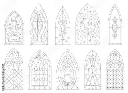 Beautiful colored stained glass windows. Temple mosaic glass windows, room lighting. Vector illustration