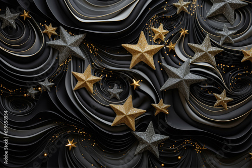 golden stars and silver foil decorations for christmas or new year