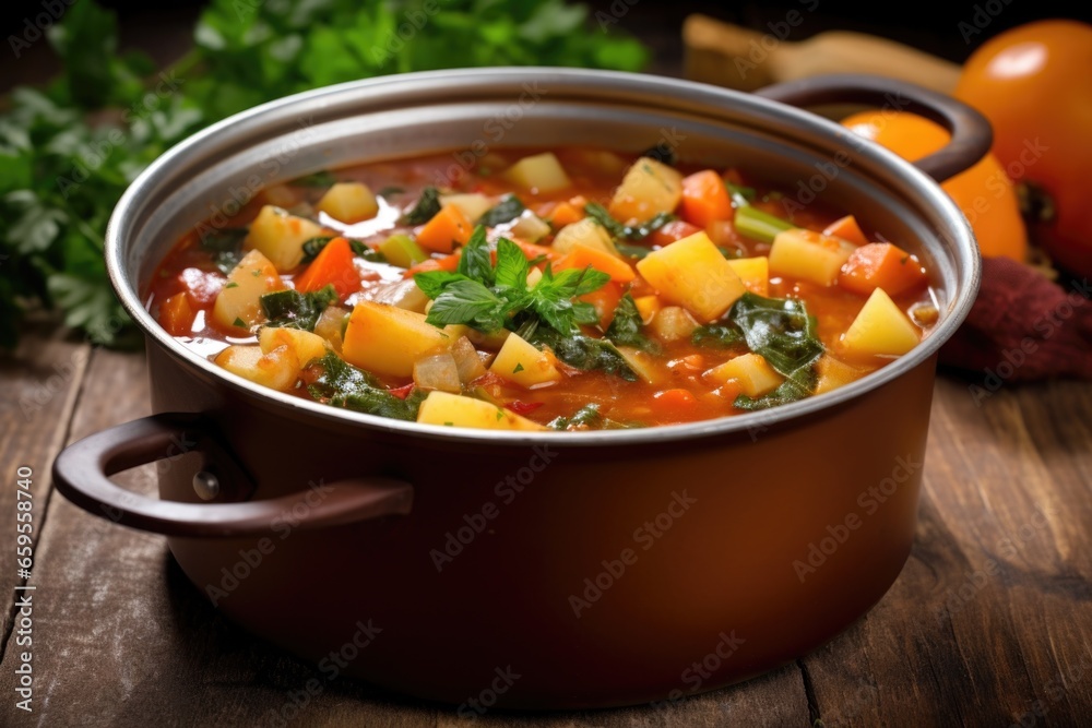 hearty vegetable soup simmering in a metal pot