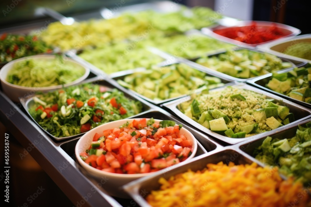 rows of fresh salads prepared for a buffet