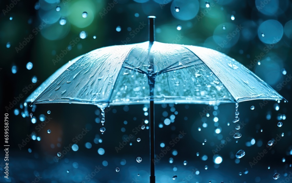 Transparent umbrella under rain against water drops splash background
