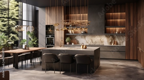 A modern kitchen with a mix of organic textures and refined finishes.