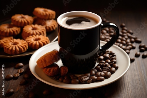 black coffee next to a plate of doughnuts