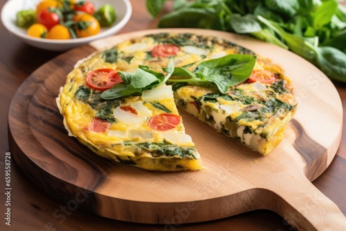 vegetable frittata on a round wooden platter photo