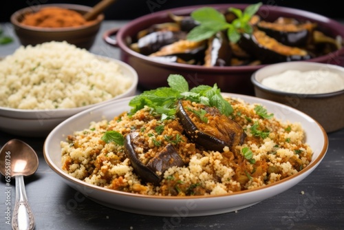 a meal of baked eggplant and a bowl of couscous