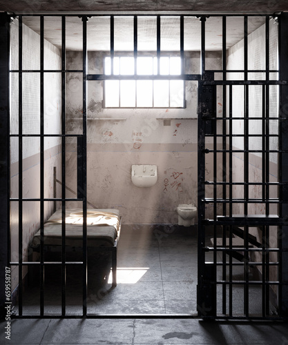 Sunlight streaming through window of empty prison cell, illuminating the bed