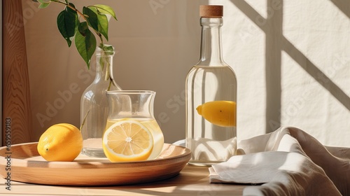  a table with a bowl of lemons and a bottle of water.  generative ai