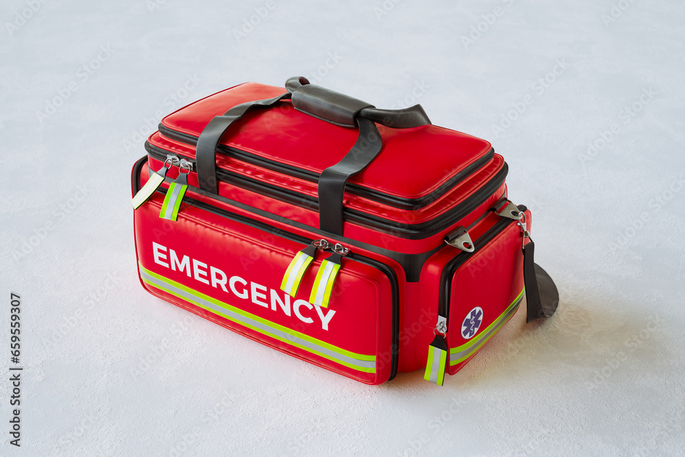 The red emergency first aid bag in the studio. Paramedic kit on white surface