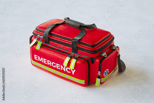 Obraz na płótnie The red emergency first aid bag in the studio. Paramedic kit on white surface w salonie