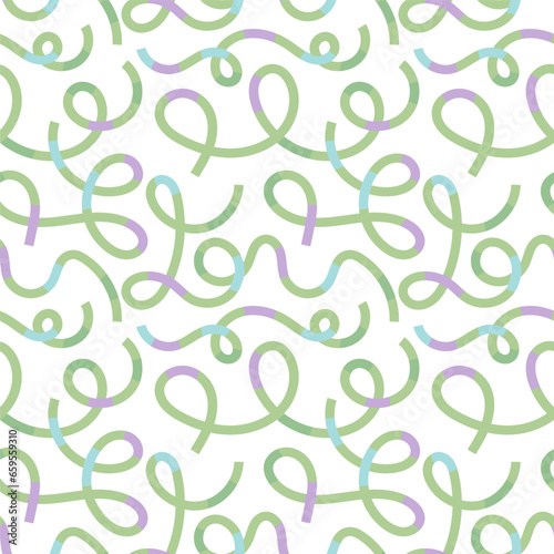 Seamless pattern of colorful abstract squiggles print, green continuous line, scribble spiral and wavy lines. retro 80s memphis style. Chaotic ink brush scribbles. Vector illustration