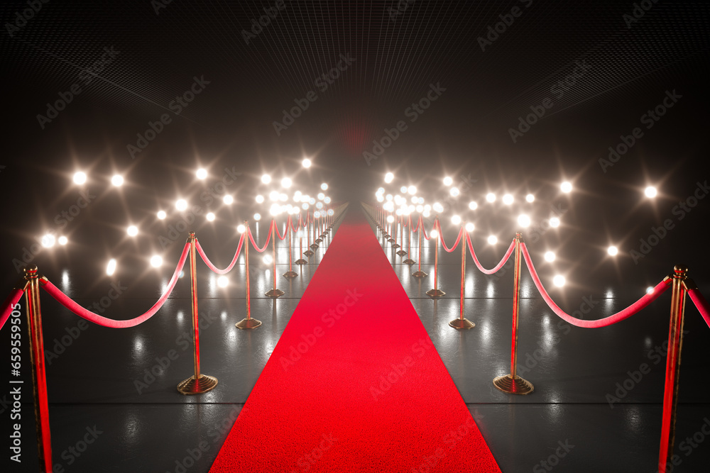 Countless paparazzi camera flashes around a red carpet. Movie star important day