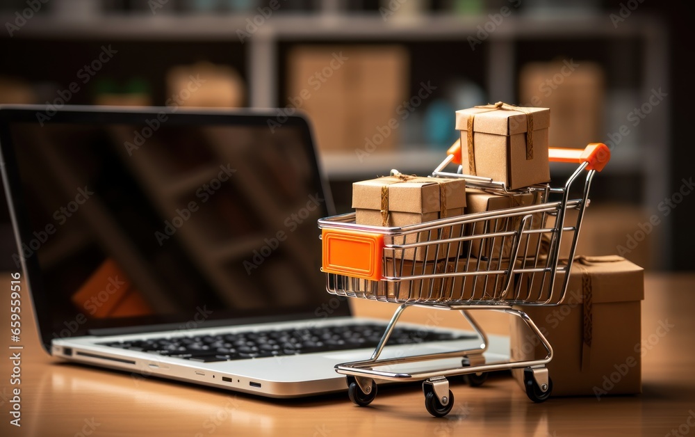 Product package boxes in cart with a shopping bag and laptop computer