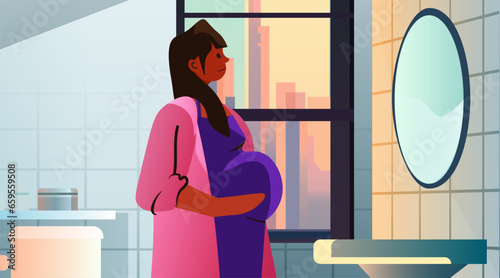 happy pregnant woman future mom hugging belly pregnancy motherhood expectation concept bathroom interior