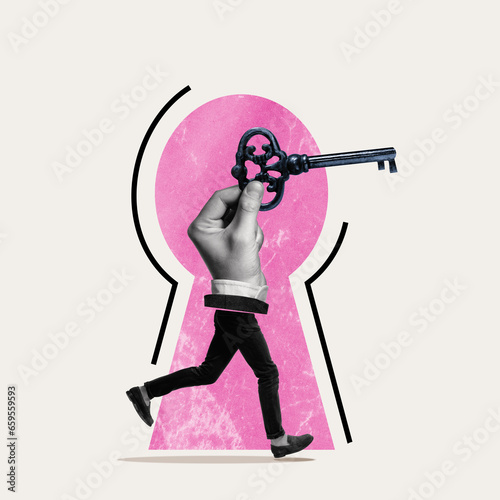 The hand with the key runs to the lock. Art collage.