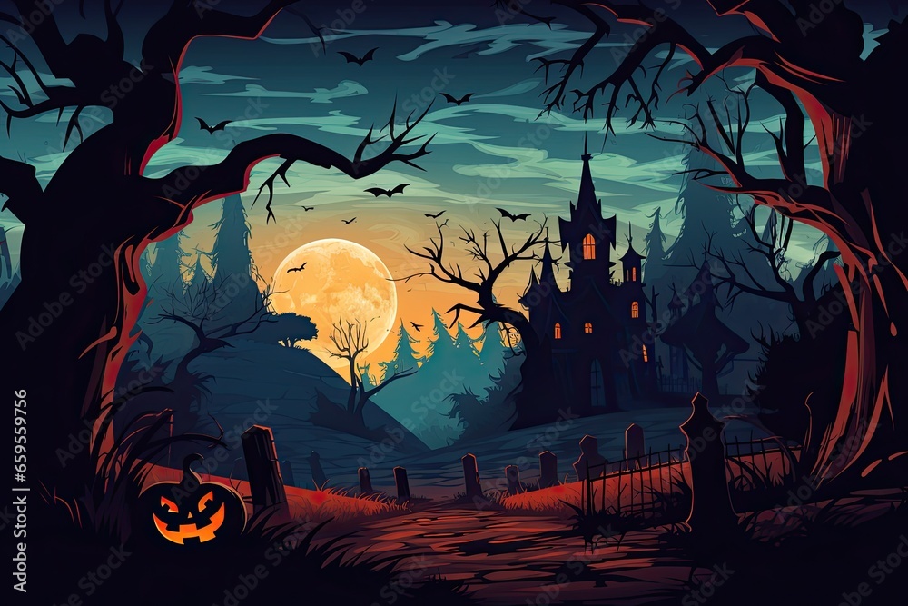 happy halloween design big dark castle illustration