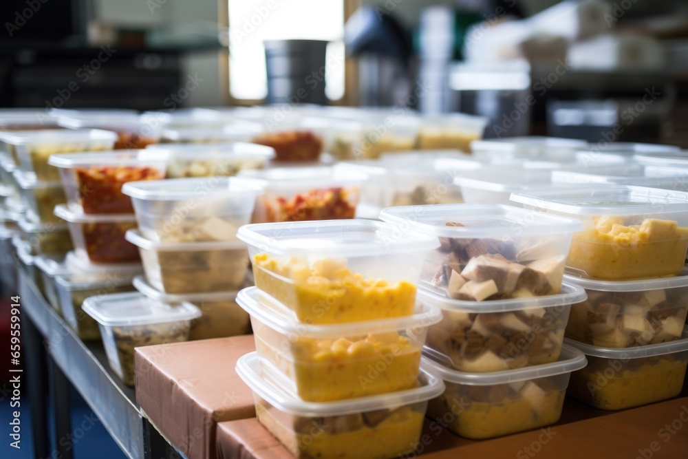 food packed in plastic containers, ready for distribution