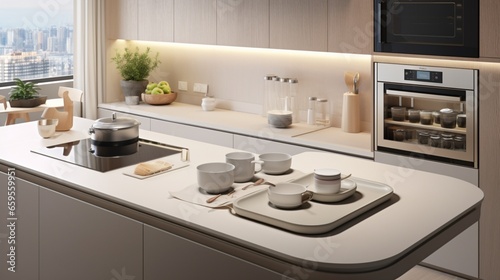 An advanced kitchen with touch-sensitive countertops and wireless charging functionality.