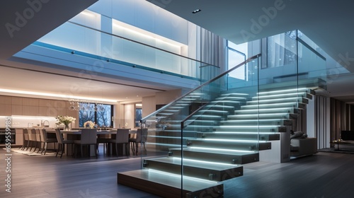 Ascend to modernity with a staircase featuring glass railings and LED lighting.