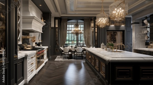 An opulent kitchen with a hidden pantry and sophisticated light fixtures.