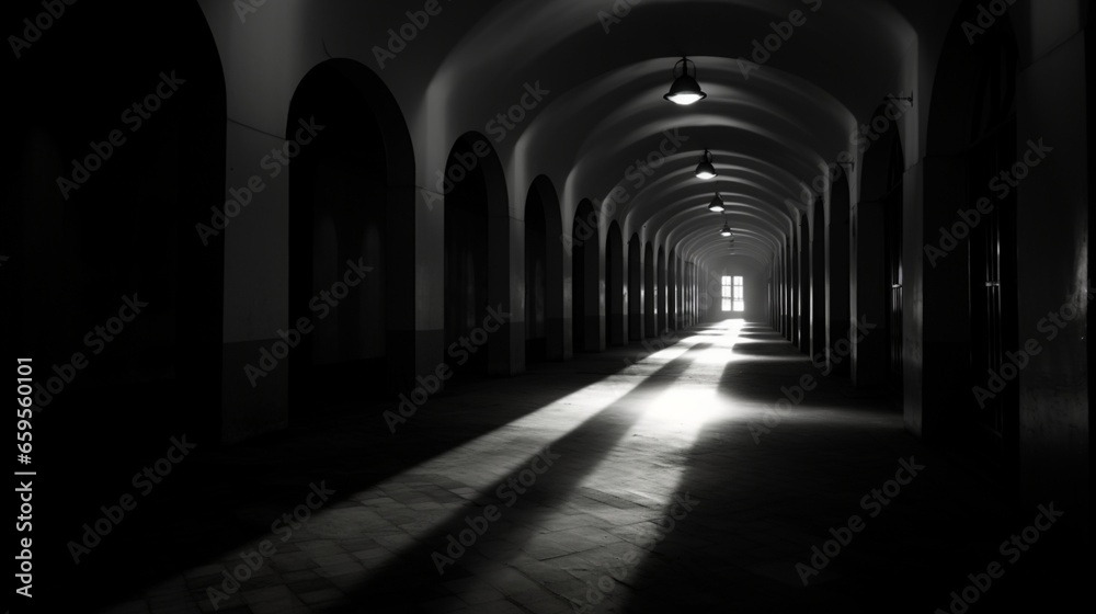 A interplay of light and darkness in a monochromatic corridor.