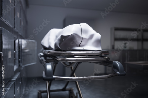 A deceased person lying on a table in a morgue, covered with a white sheet