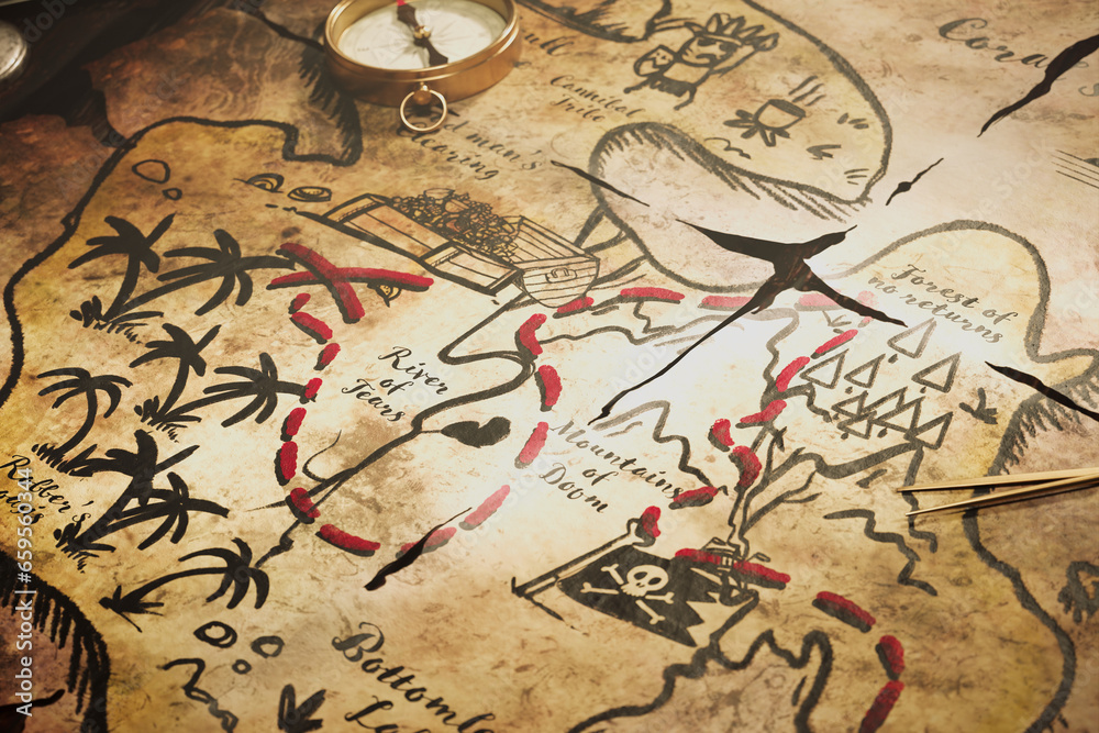 Funny hand-drawn ancient map with animated drawings. Treasure chest full of gold Funny hand-drawn ancient map with animated drawings. Treasure chest full of gold