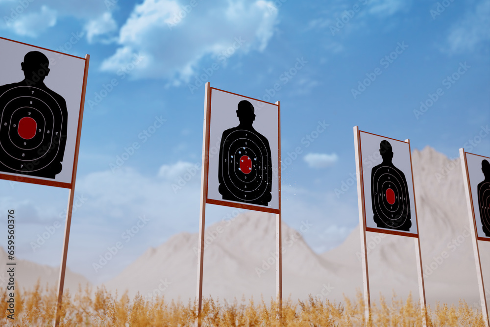 Shooting range with target riddled by bullets. Training practice or competition