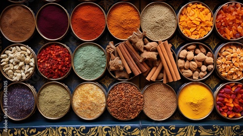  a variety of spices are in bowls on a counter top. generative ai