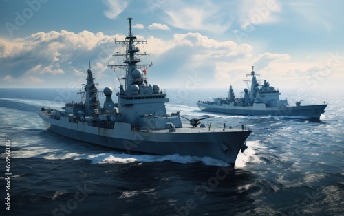 Day. White background Three military ships in the sea. © Tisha