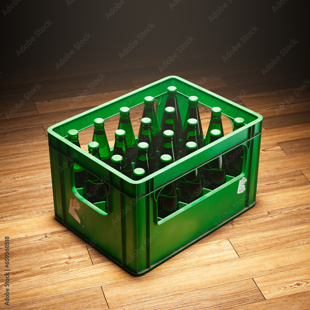 A green crate full of beer bottles standing in a spotlight on a wooden floor.