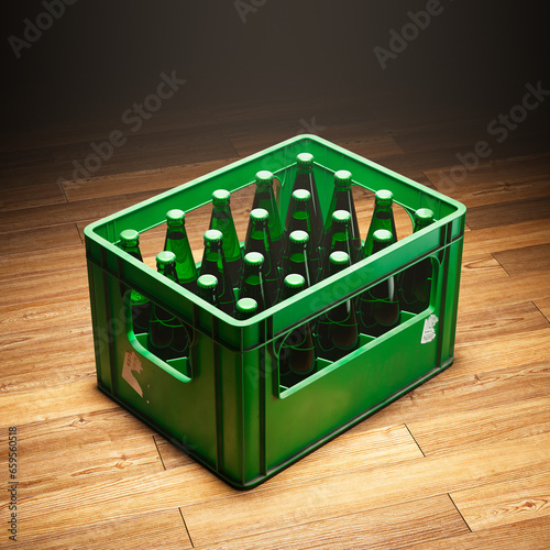 Obraz na płótnie A green crate full of beer bottles standing in a spotlight on a wooden floor. w salonie