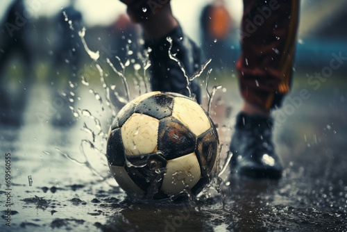 Foot on soccer ball at rainy day. Game training. Generate Ai
